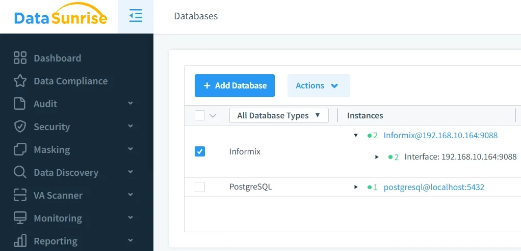 How to Automate Data Compliance for IBM Informix - DataSunrise dashboard displaying compliance and security options with connected database instances.