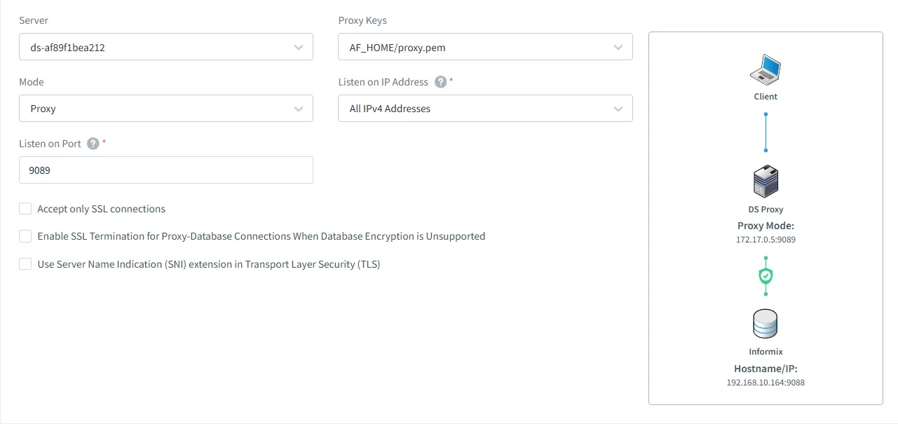 IBM Informix Compliance Management - Proxy server configuration details displayed, including SSL settings and server name indication (SNI) extension.