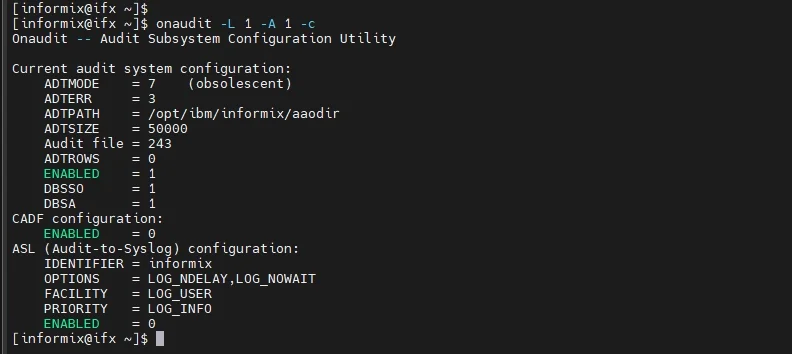 IBM Informix Data Compliance Automation - Terminal output showing the Onaudit configuration utility with current audit settings.