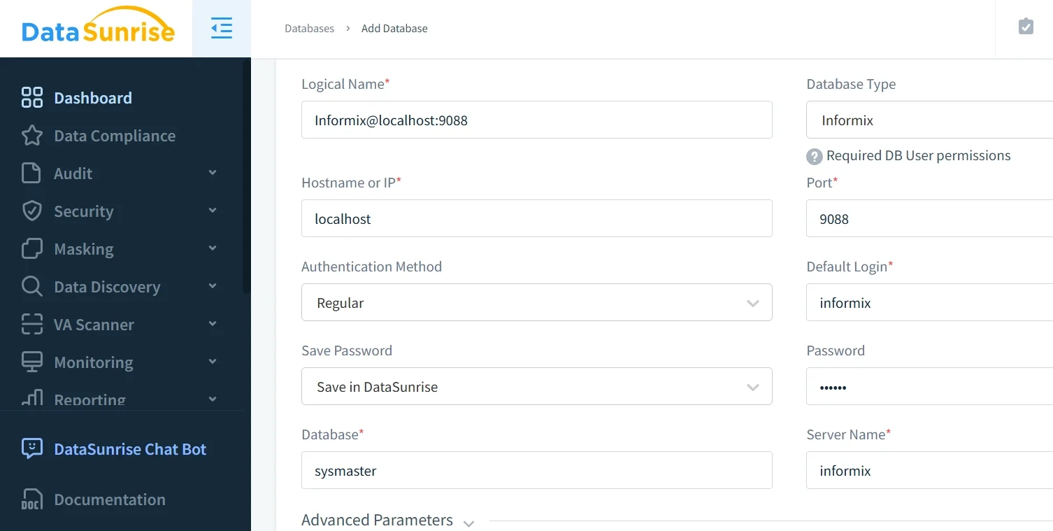 IBM Informix Data Compliance Automation - DataSunrise UI displaying options to add a database with Informix configuration details.