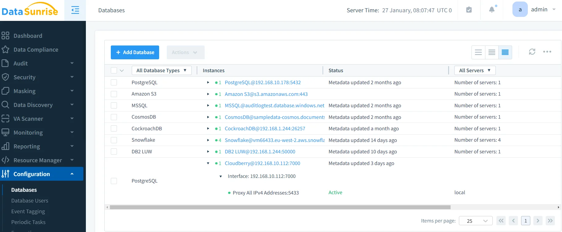 Sensitive Data Protection in Apache Cloudberry - DataSunrise dashboard displaying options for data compliance, security, masking, and database management.