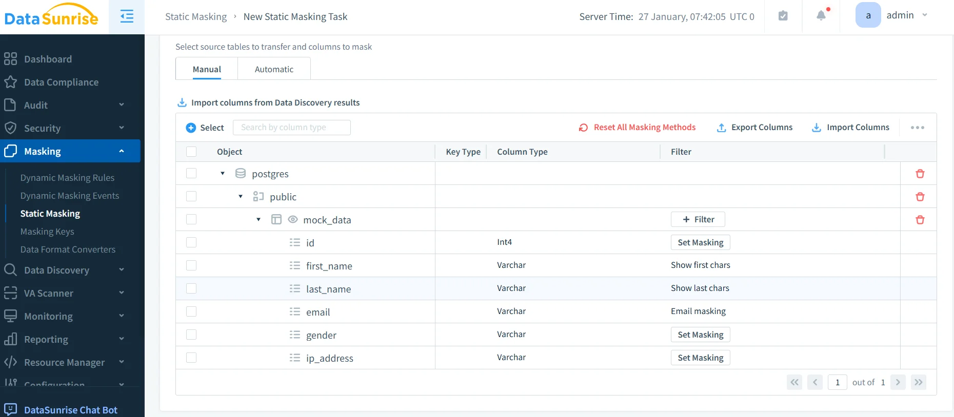 Sensitive Data Protection in Apache Cloudberry - Static masking task setup interface showing options to select source tables and columns for masking.