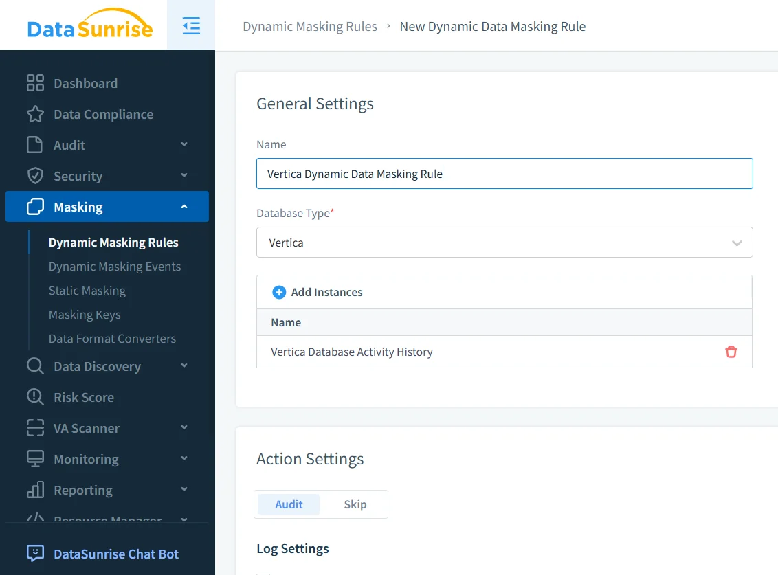 DataSunrise dashboard displaying menu options for data compliance, audit, and masking features in Vertica.