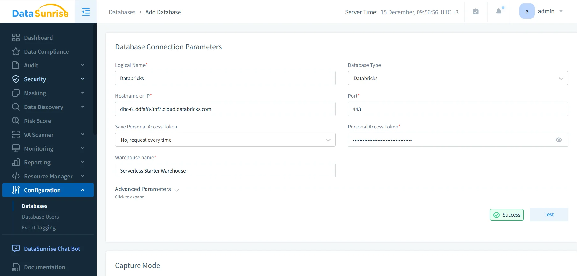 Databricks SQL audit connection configuration in DataSunrise