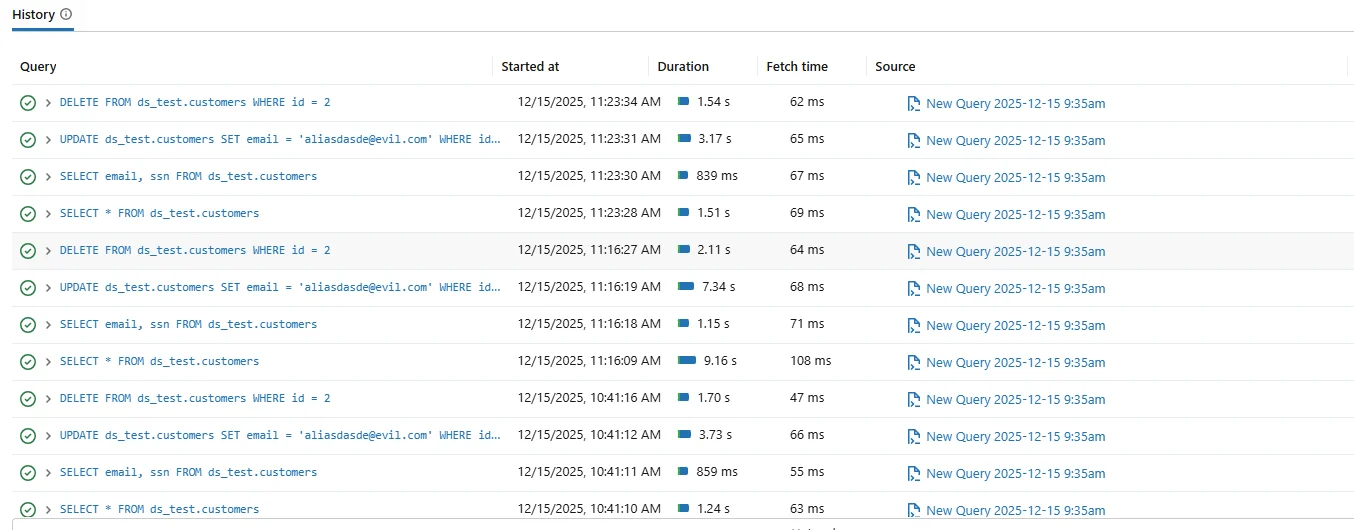 Untitled - Screenshot displaying query history with timestamps and execution durations