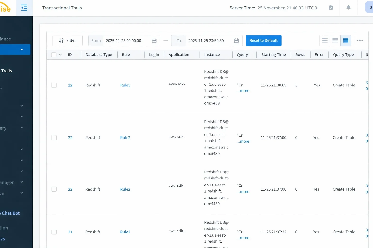 Untitled - Screenshot displaying transactional trails filtered by database type and date range.