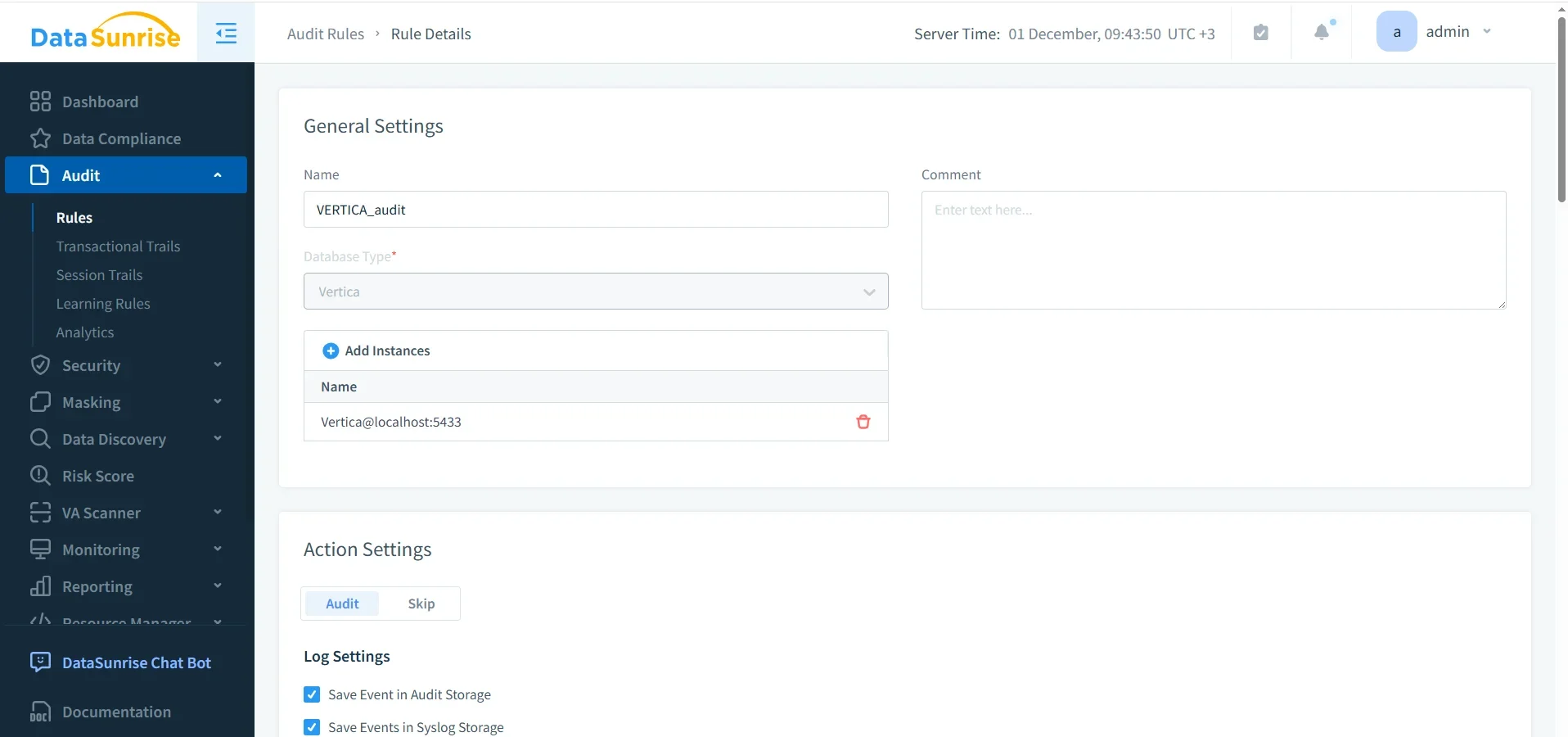 Vertica audit tools integrated with DataSunrise showing audit rule configuration and monitoring interface