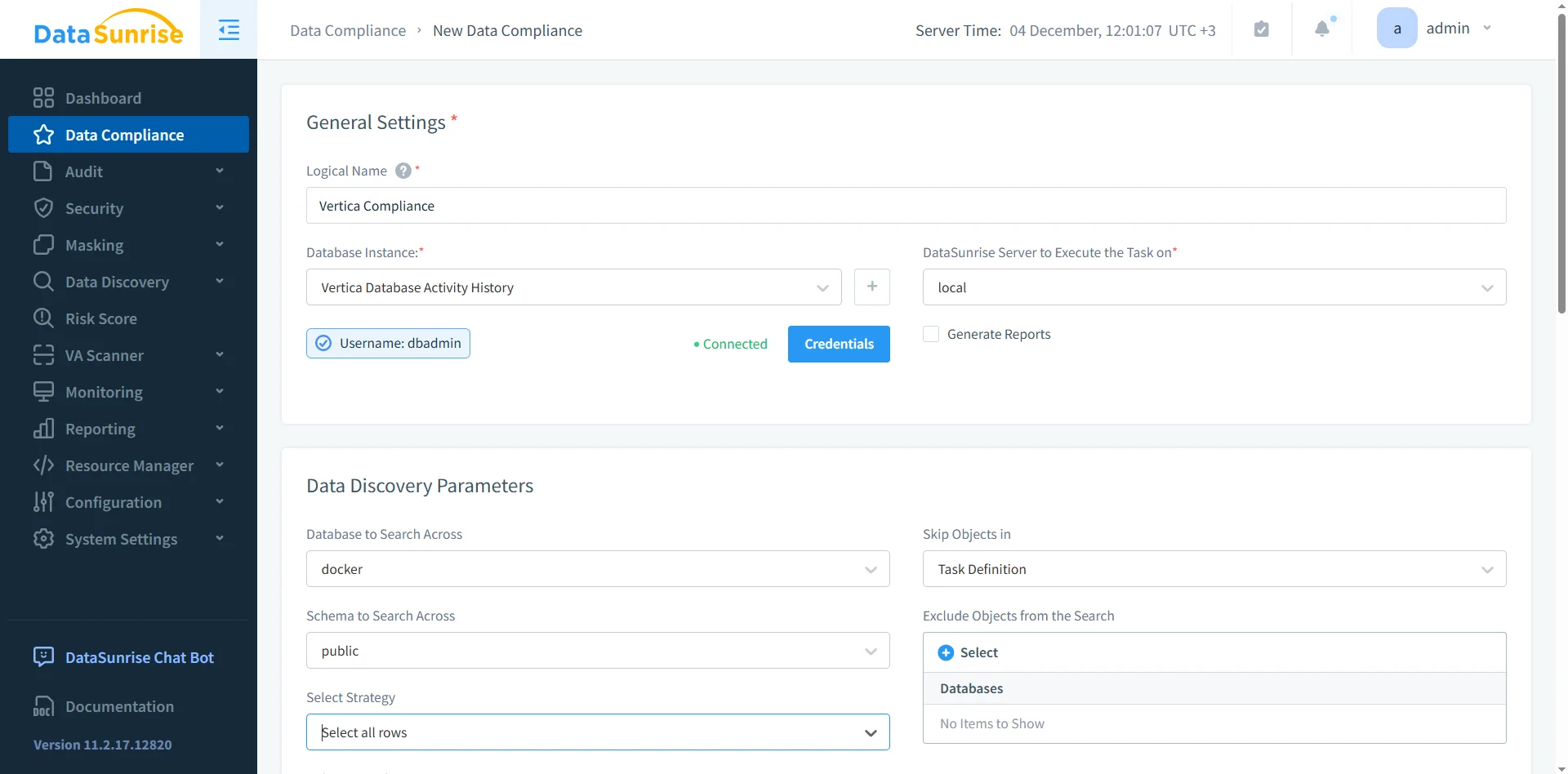 Vertica regulatory compliance task configuration showing instance selection, discovery scope, and reporting settings