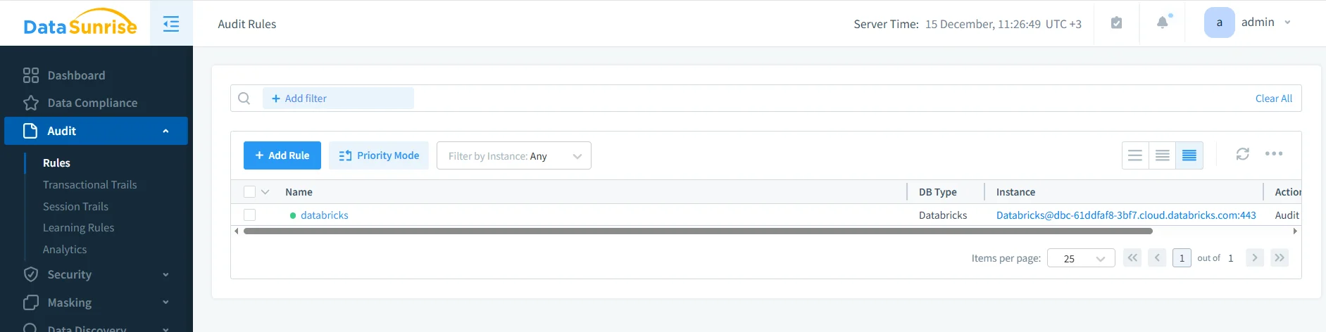 Untitled - Screenshot displaying the DataSunrise dashboard with sections for compliance, audit, analytics, and security.
