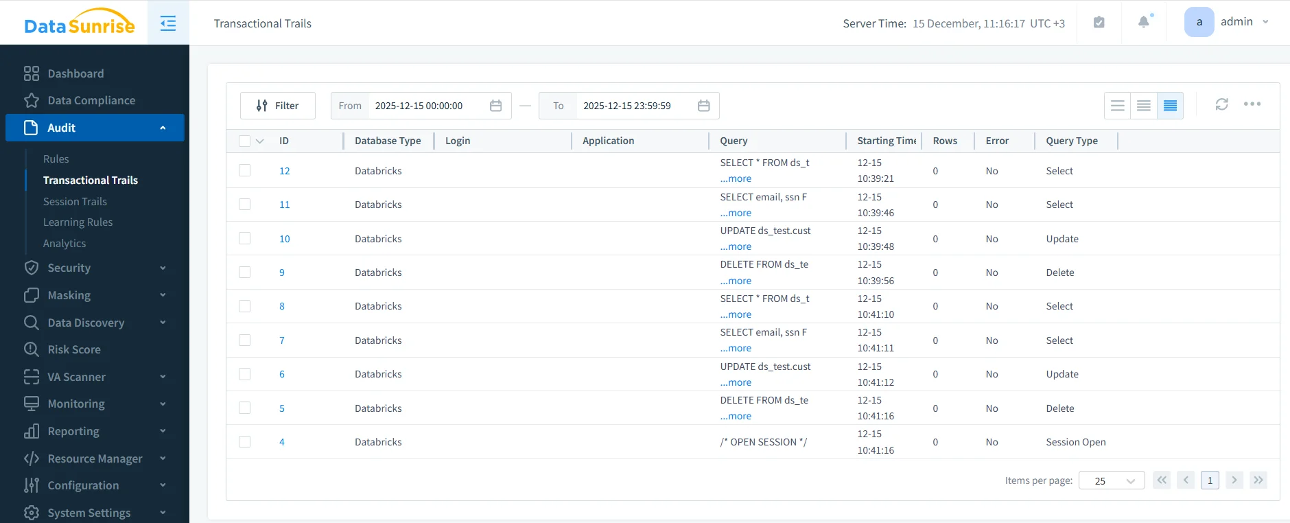 Untitled - DataSunrise UI displaying transactional trails with server time and various menu options