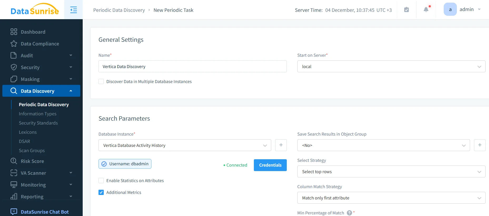 Vertica Data Governance - Interface showing periodic data discovery settings with options for naming tasks and configuring server time.