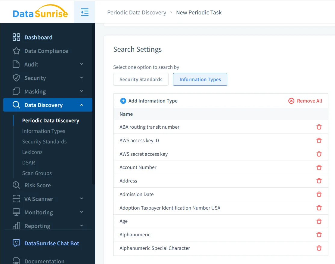 Vertica Data Governance - DataSunrise UI displaying options for data compliance, security, masking, and discovery.
