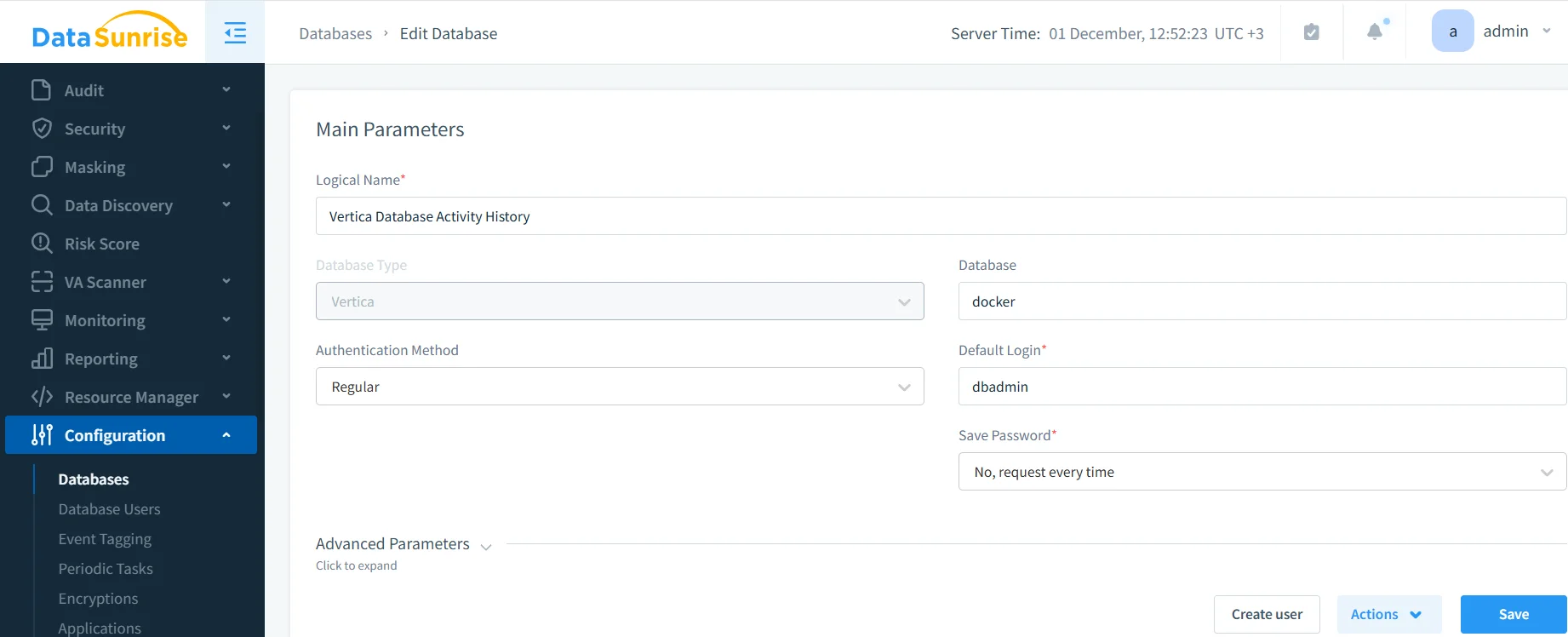 Vertica Database Activity History - DataSunrise UI displaying various database management options including audit, security, masking, and database configuration.