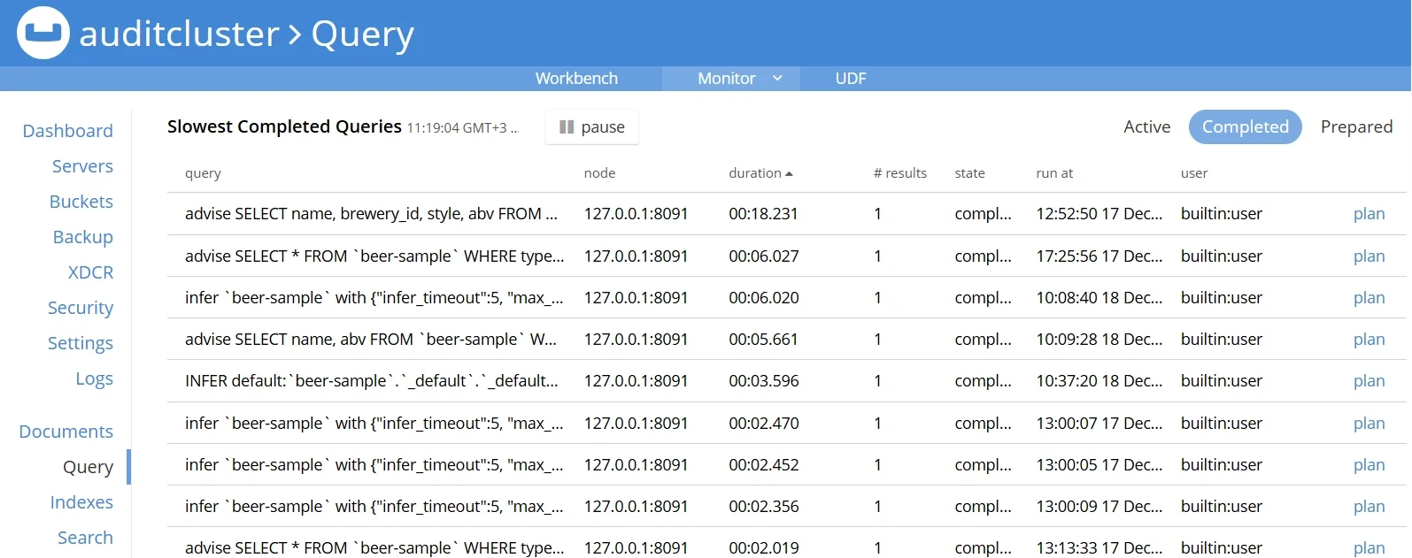 What Is Couchbase Audit Trail - Screenshot displaying the Couchbase Query Workbench interface with executed queries and their durations.