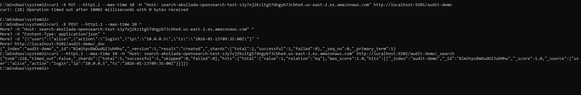 Amazon OpenSearch Data Activity History - curl request executed from Windows command prompt.