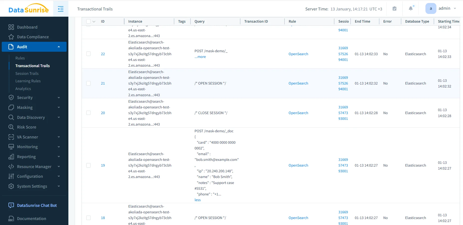 Amazon OpenSearch Data Audit Trail - A Data Audit Trail UI panel labeled 'Transactional Trails' listing trail IDs 22, 21, 20, 19, 18 with corresponding Instance endpoints (e4.us-east-2.es.amazona...:443) and Elasticsearch domain references (Elasticsearch@search-akoliada-opensearch-test-...).