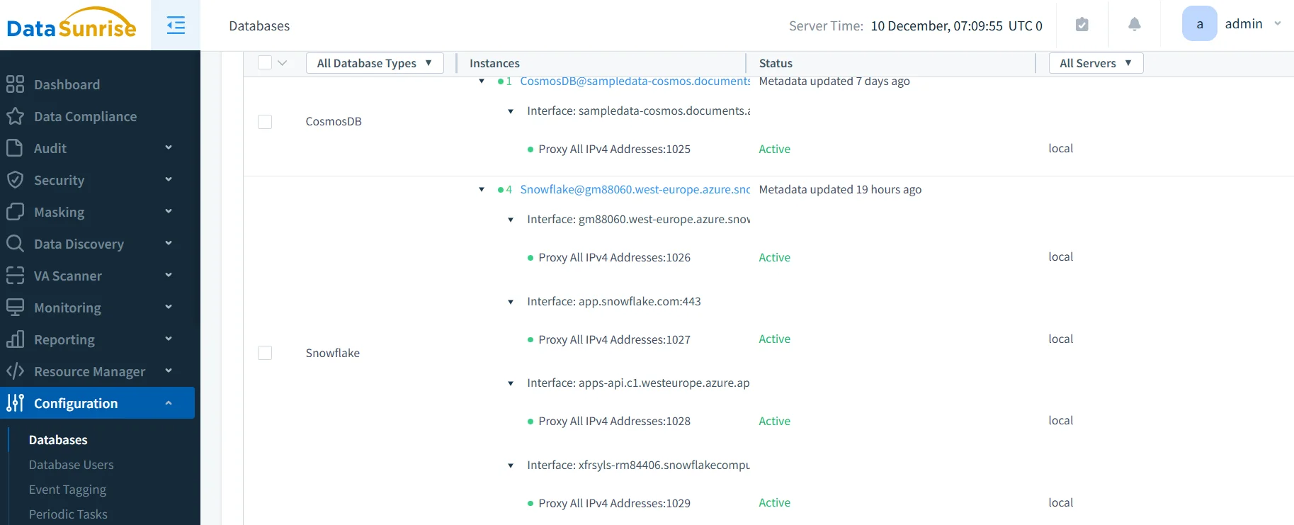 Data Anonymization in Snowflake: Comprehensive Protection Guide - Screenshot of DataSunrise console showing modules for Dashboard, Data Compliance, Audit, Security, Masking, Data Discovery, VA Scanner, Monitoring, and Reporting; left navigation lists Databases, Database Users, Event Tagging, Periodic Tasks, and Configuration; server time and admin account visible.