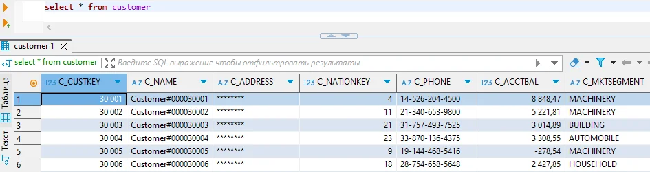 Data Obfuscation in Snowflake - SQL query snippet against a CUSTOMER table showing obfuscated identifiers (e.g., Customer#COD03DD01, Customer#DDD03DD02) and obfuscated fields like NAME and ADDRESS as part of a masking workflow.