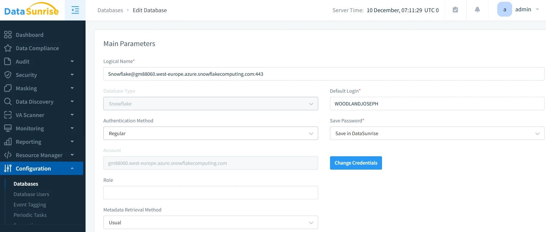 Data Obfuscation in Snowflake - DataSunrise console showing the Masking module with a left-side navigation menu including Dashboard, Data Compliance, Audit, Security, Masking, Data Discovery, Scanner, Monitoring, Reporting, Resource Manager, and Configuration; a Databases section with Database Users, Event Tagging, Periodic Tasks, and a status bar displaying Server Time and Default Login.