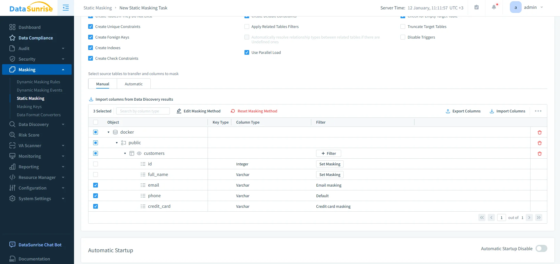 Static masking task configuration for Vertica in DataSunrise