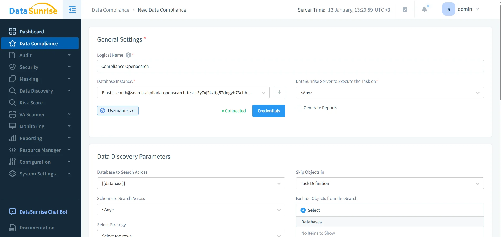 How to Manage Data Compliance for Amazon OpenSearch - DataSunrise Data Compliance dashboard with a navigation menu listing modules such as Audit, Security, Masking, Data Discovery, Risk Score, VA Scanner, Monitoring, and Reporting, along with Resource Manager, Configuration, System Settings, Documentation, and a Server Time display with the admin user.