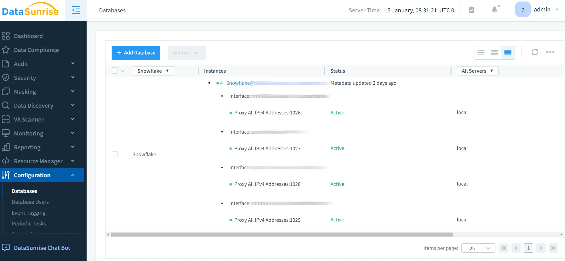 How to Mask Sensitive Data in Snowflake: Complete Implementation Guide - DataSunrise management console showing the Masking module in the left navigation, with sections for Security, Data Compliance, Data Discovery, and Monitoring, plus a Snowflake integration area including Add Database and Snowflake Instances.