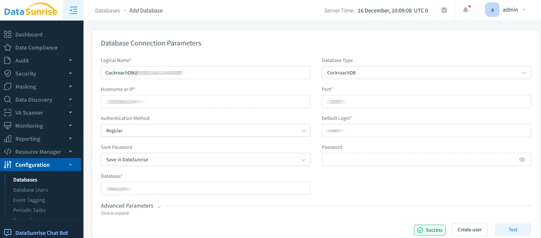 Sensitive Data Protection in CockroachDB - DataSunrise governance dashboard UI showing modules for Data Compliance, Audit, Security, Masking, Data Discovery, Scanner, Monitoring, and Reporting, plus Resource Manager, Configuration, and Database management sections (Databases, Database Users), Event Tagging, Periodic Tasks, and a DataSunrise Chat Bot, with Server Time and Data Base Type indicators.