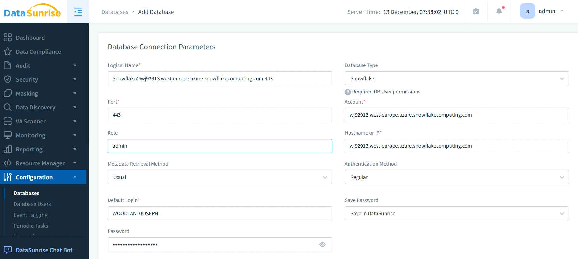 Sensitive Data Protection in Snowflake - DataSunrise UI sidebar showing modules: Dashboard, Data Compliance, Audit, Security, Masking, Data Discovery, VA Scanner, Monitoring, Reporting, Resource Manager, and Configuration; visible items include Databases, Database Users, Event Tagging, Periodic Tasks, Add Database, Server Time, Data Base Type, and DataSunrise Chat Bot.