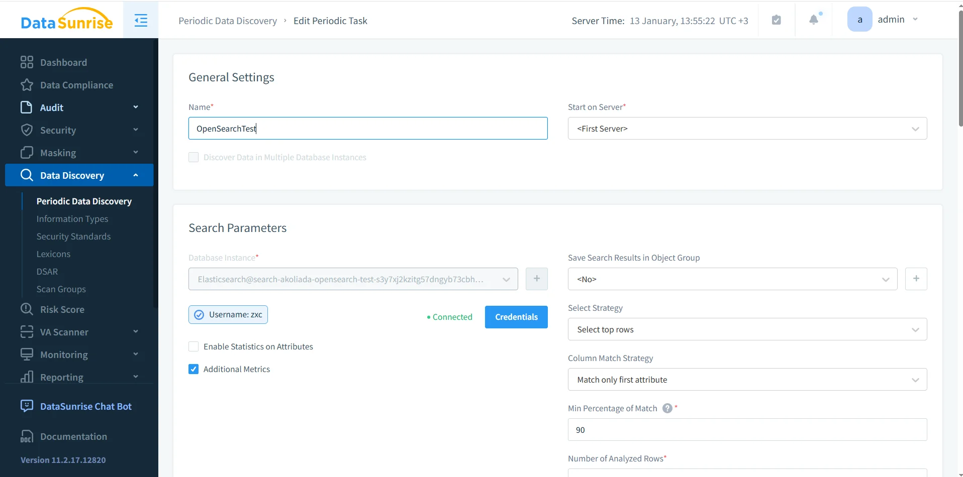 Untitled - UI for configuring a periodic data discovery task: Name field populated with OpenSearchTest1, an Edit Periodic Task control, and server time settings, with a left-hand navigation containing Dashboard, Data Compliance, Audit, Security, Masking, Data Discovery, Periodic Data Discovery, Information Types, and Security Standard.