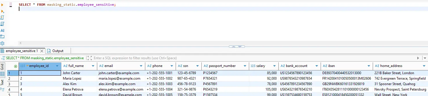 Unmasked query results from masking_static.employee_sensitive showing readable sensitive values including email, phone, SSN, passport_number, salary, bank_account, IBAN, and home_address.