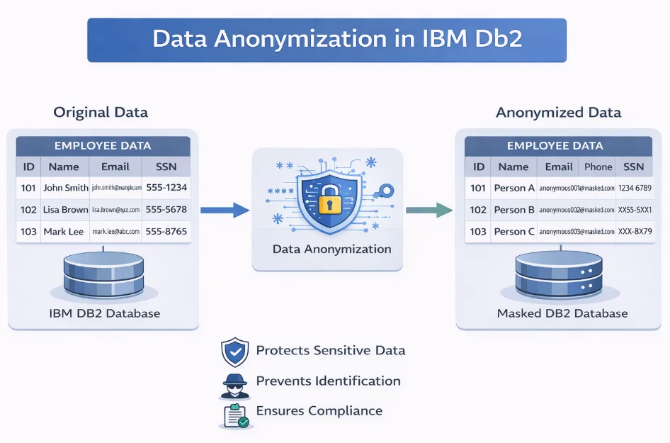 Data Anonymization in IBM Db2 - UI view of an employee dataset with Original Data (Name, Email, SSN) and anonymized results tied to DB2 records (IDs 101-103), highlighting data protection and compliance controls.