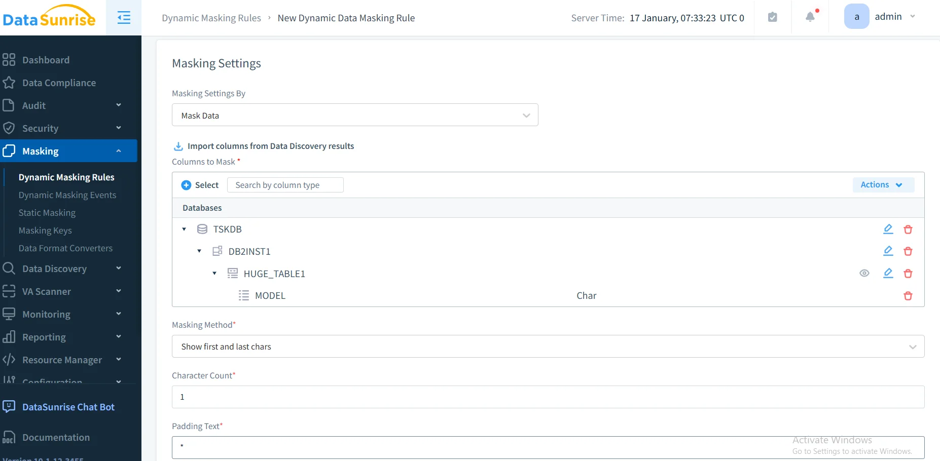 Data Masking Tools and Techniques for Greenplum - UI showing dynamic masking configuration: Dynamic Masking Rules, Masking Settings, New Dynamic Data Masking Rule, Mask Data, and a server time indicator; navigation tabs include Dashboard, Data Compliance, Audit, Security, and Masking, with sections for Static Masking and Masking Keys.