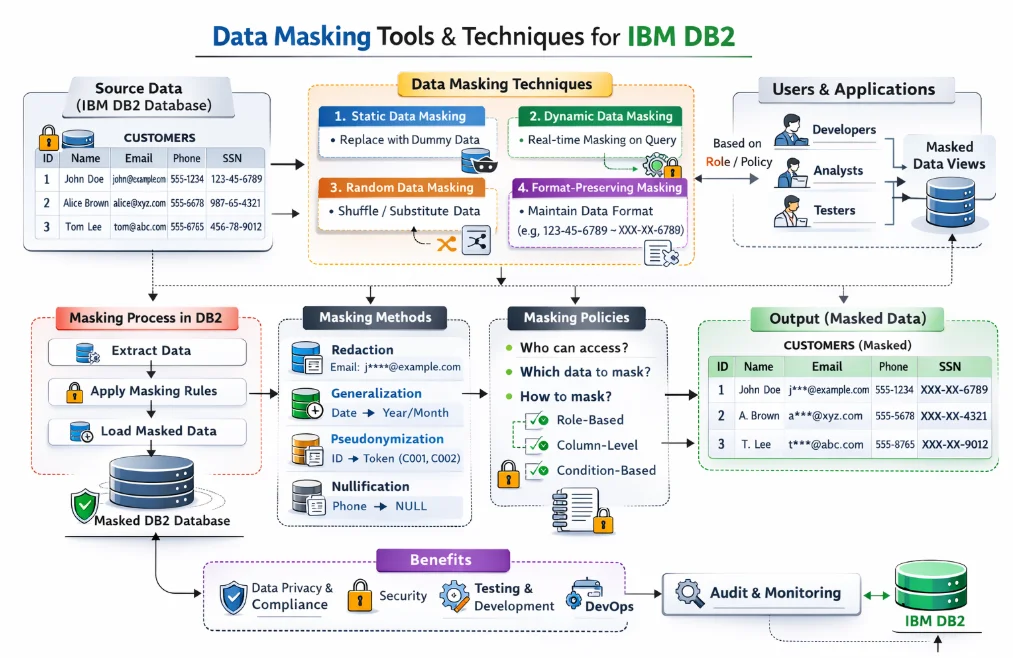 Data Masking Tools and Techniques for IBM Db2 - Diagram of a data masking workflow showing Source Data (IBM Db2 Database) with customer fields (Name, Email, Phone, SSN), sample raw values, and the steps: Extract Data, Apply Masking Rules, Load Masked Data.