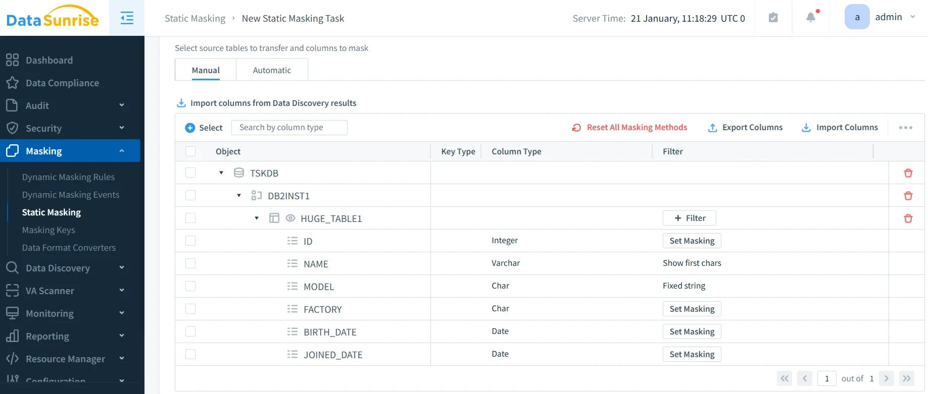Data Masking Tools and Techniques for IBM Db2 - Dashboard view of a masking policy administration UI showing Masking menu options such as Dynamic Masking Rules, Dynamic Masking Events, Static Masking, Masking Keys, and data utilities like Data Format Converters, Data Discovery, VA Scanner, Monitoring, Reporting, and Resource Manager, plus New Static Masking Task and Select Source.