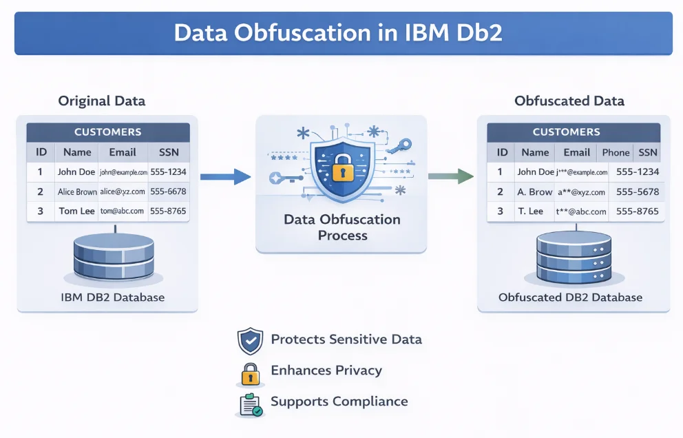 Data Obfuscation in IBM Db2 - Side-by-side view of a CUSTOMERS table before and after obfuscation: Original Data lists Name, Email, and SSN, while Obfuscated Data shows names shortened to initials (j, A. Brow, T. Lee) and masked/trimmed contact identifiers (Phone/SSN) to illustrate PII masking performed in Db2.