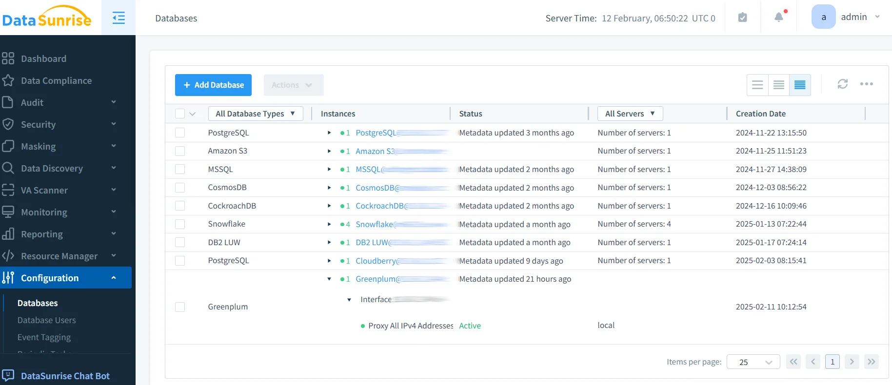 How to Apply Dynamic Masking in Greenplum - DataSunrise UI screenshot showing the Masking module selected in the left navigation, with tabs for Dashboard, Data Compliance, Audit, Security, Data Discovery, and Monitoring, and a Databases section listing targets such as Amazon, MSS, CockroachDB, and DB2, plus a Proxy/IPv4Addr interface label.