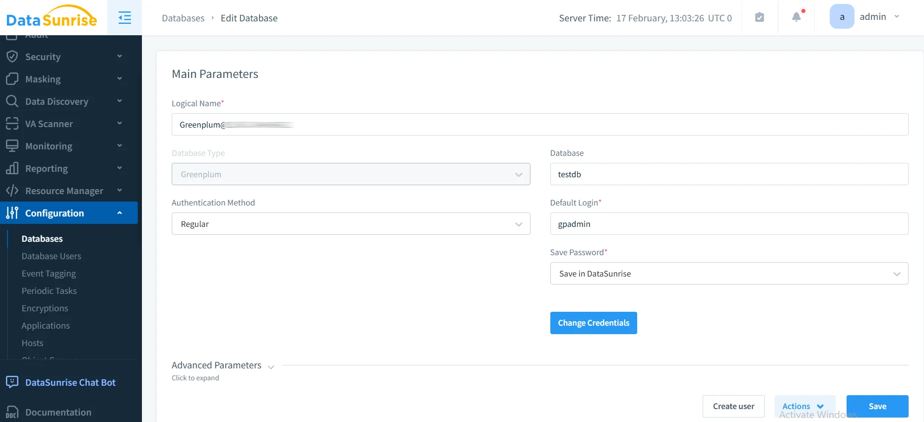 How to Apply Static Masking in Greenplum - DataSunrise UI with the Masking module in view; left navigation lists Security, Masking, Data Discovery, Scanner, Monitoring, Reporting, Resource Manager, Configuration, while the main pane shows Databases, Database Users, Event Tagging, Periodic Tasks, Encryptions, Applications, and Hosts.