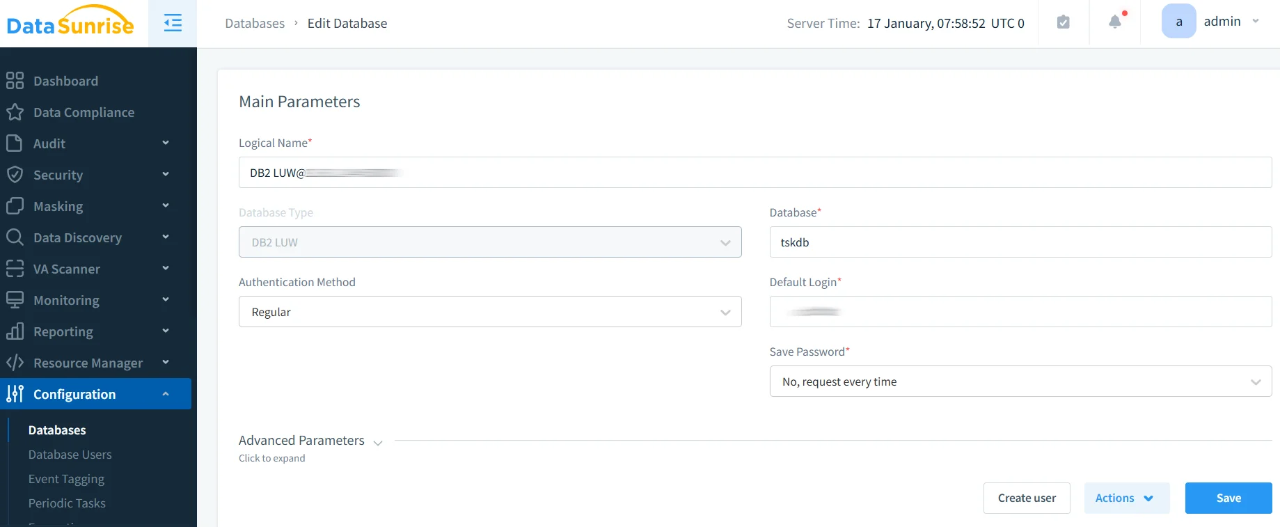 How to Apply Static Masking in IBM Db2 - DataSunrise UI: Masking module in the left navigation with an Edit Database panel showing fields for Database (e.g., tskdb), Default Login, a Server Time display, and a Save button.