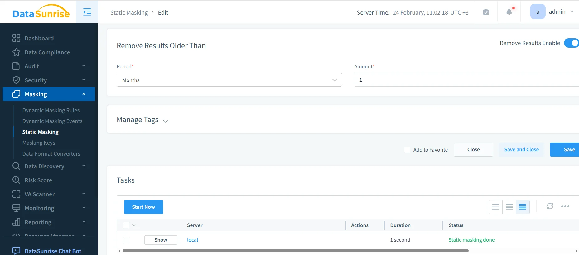 DataSunrise Tasks panel showing static masking run status