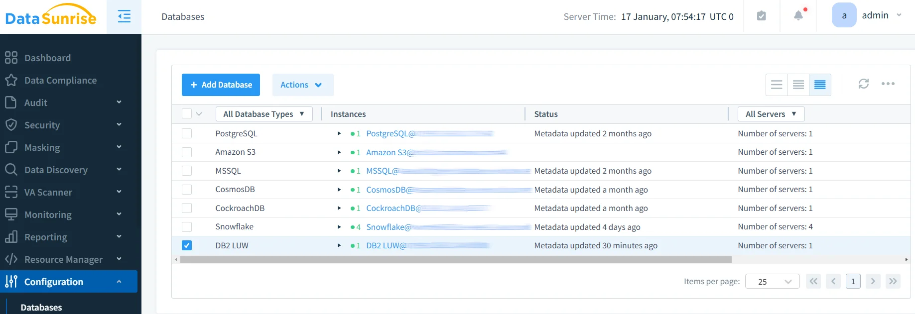 How to Mask Sensitive Data in IBM Db2 - DataSunrise masking module UI: top navigation includes Dashboard, Data Compliance, Audit, Security, Masking, Data Discovery, Scanner, Monitoring, Reporting, Resource Manager, Configuration; Databases section with Add Database, Server Time, Status, admin user and Actions; and a database-type filter labeled 'All Database Types' showing entries 'PostgreSQL' and 'Amazon S...'.