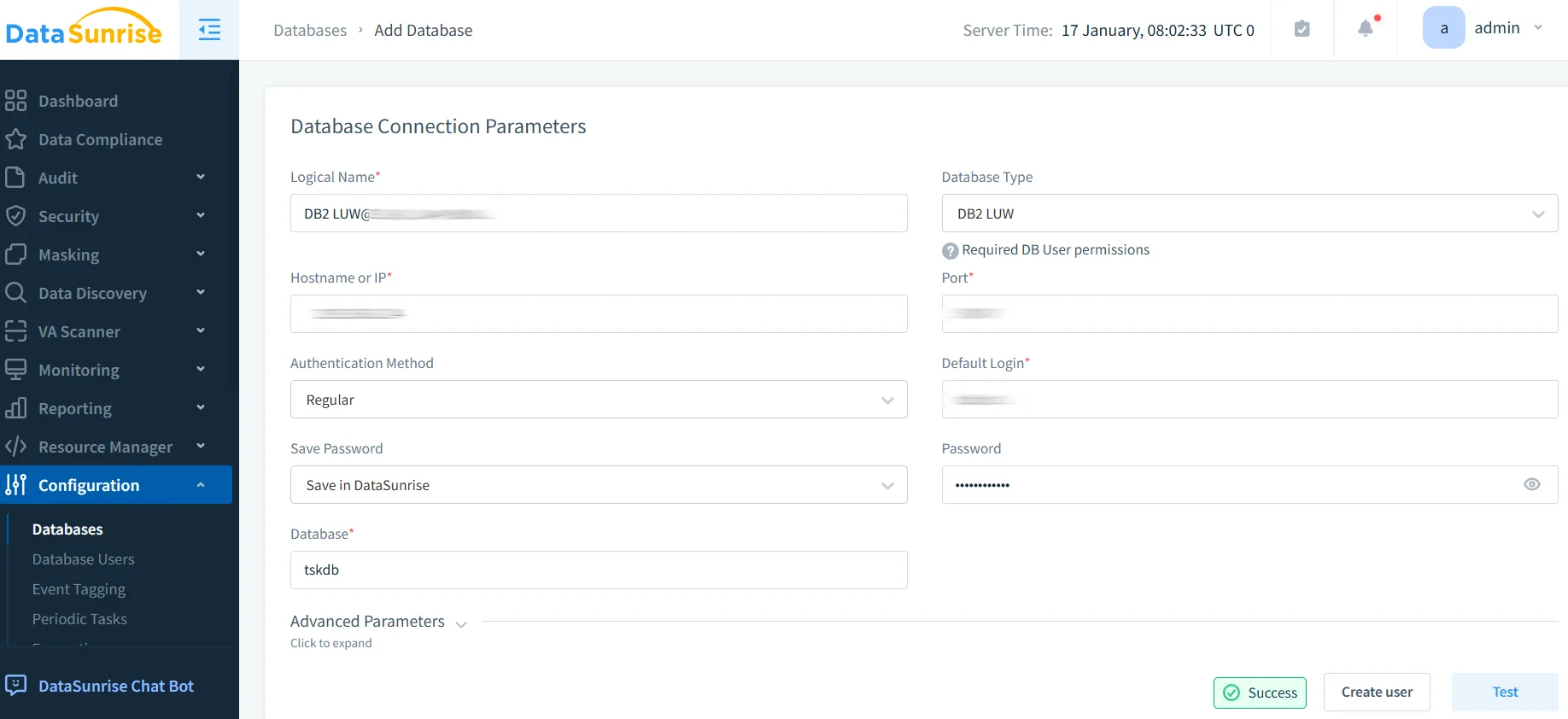 Sensitive Data Protection in IBM Db2 - DataSunrise management console displaying modules for Security, Masking, Data Discovery, Audit, Data Compliance, and Monitoring, with a left navigation listing Databases, Database Users, Event Tagging, Periodic Tasks, and DataSunrise Chat Bot, plus a dashboard area showing Server Time and Database Type.