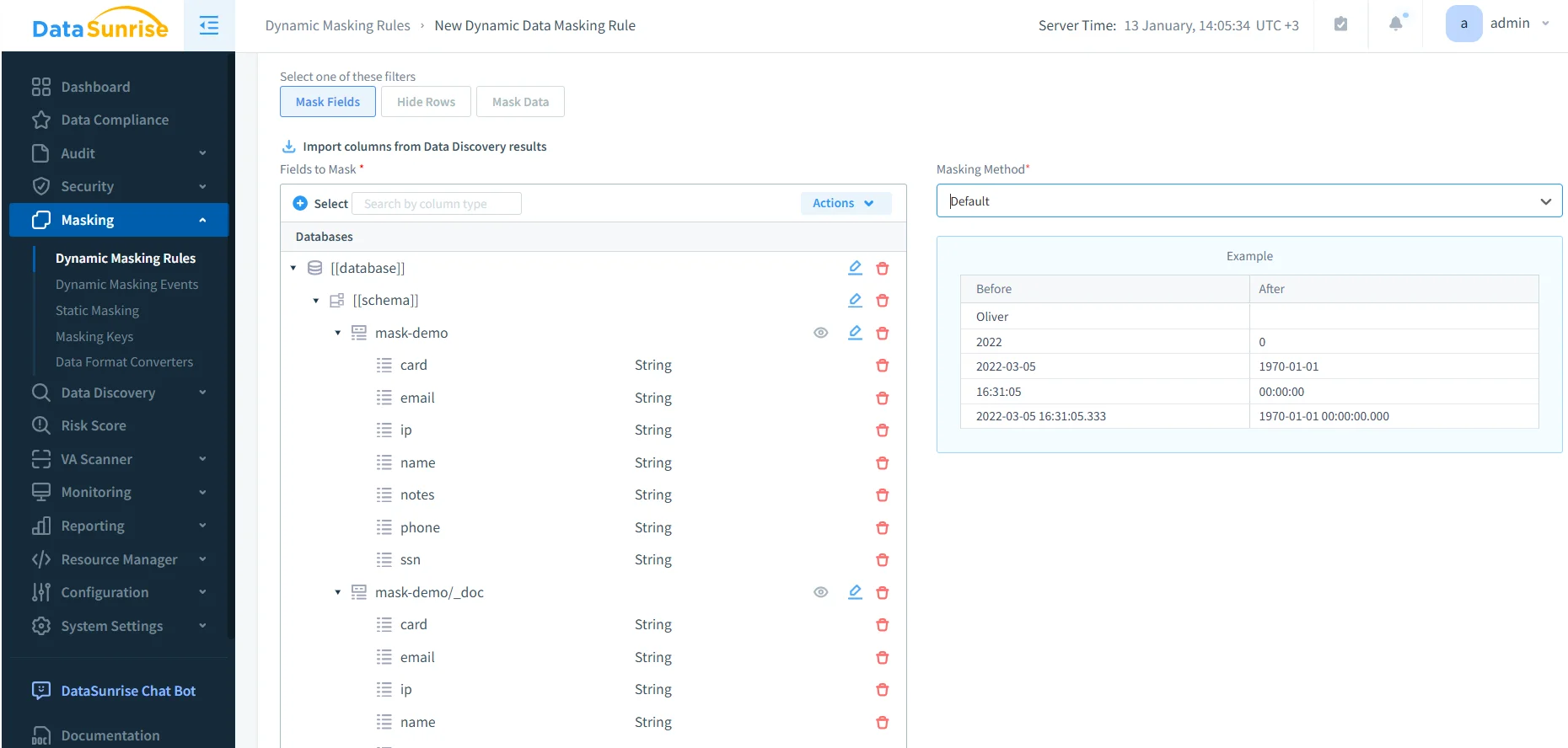 DataSunrise Dynamic Masking Rules editor with a New Dynamic Data Masking Rule form and fields selection