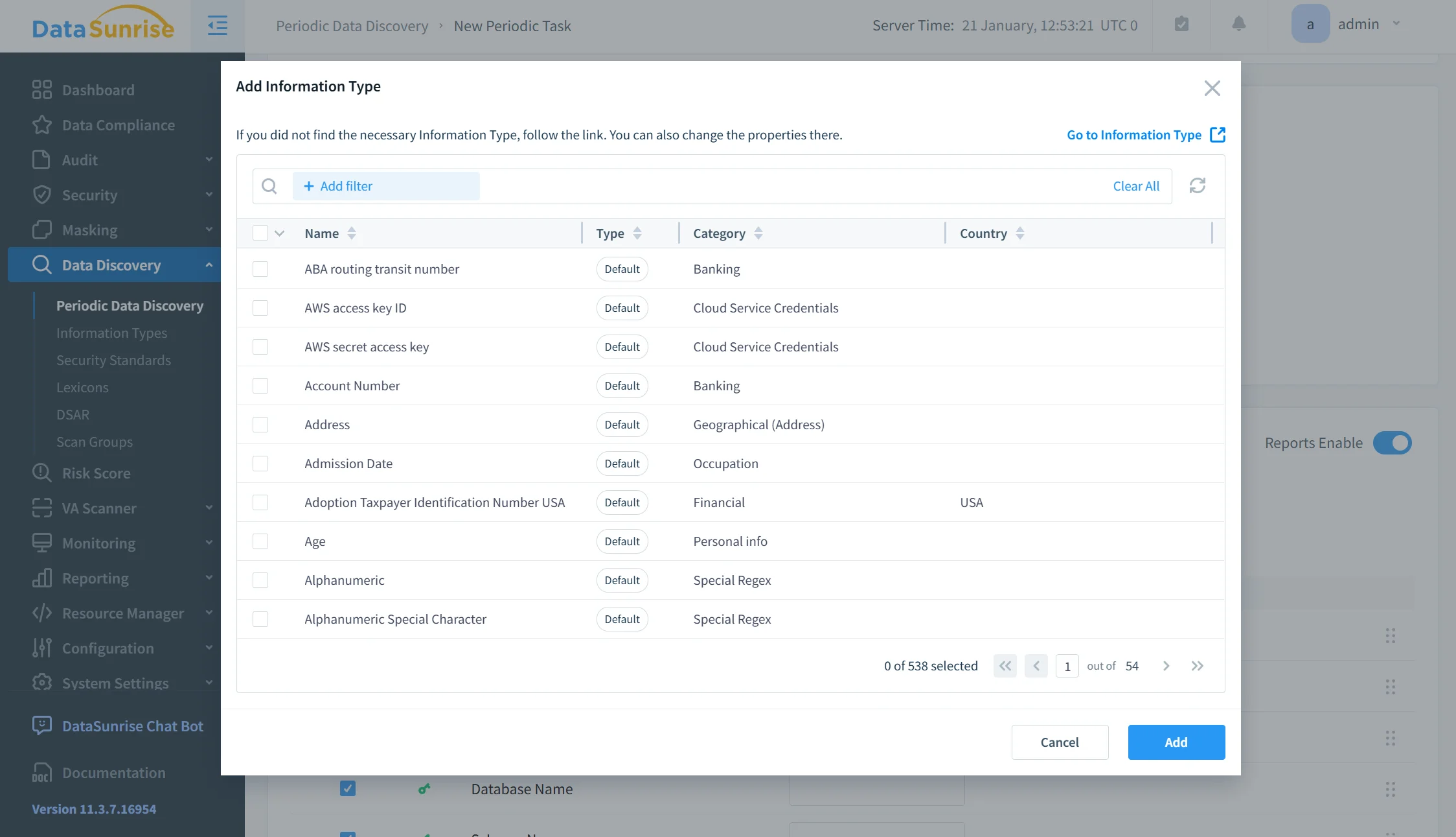 Untitled - UI of Periodic Data Discovery with a left navigation pane listing Dashboard, Data Compliance, Audit, Security, Masking, DSAR, and a main area showing a New Periodic Task option and a Server Time indicator.