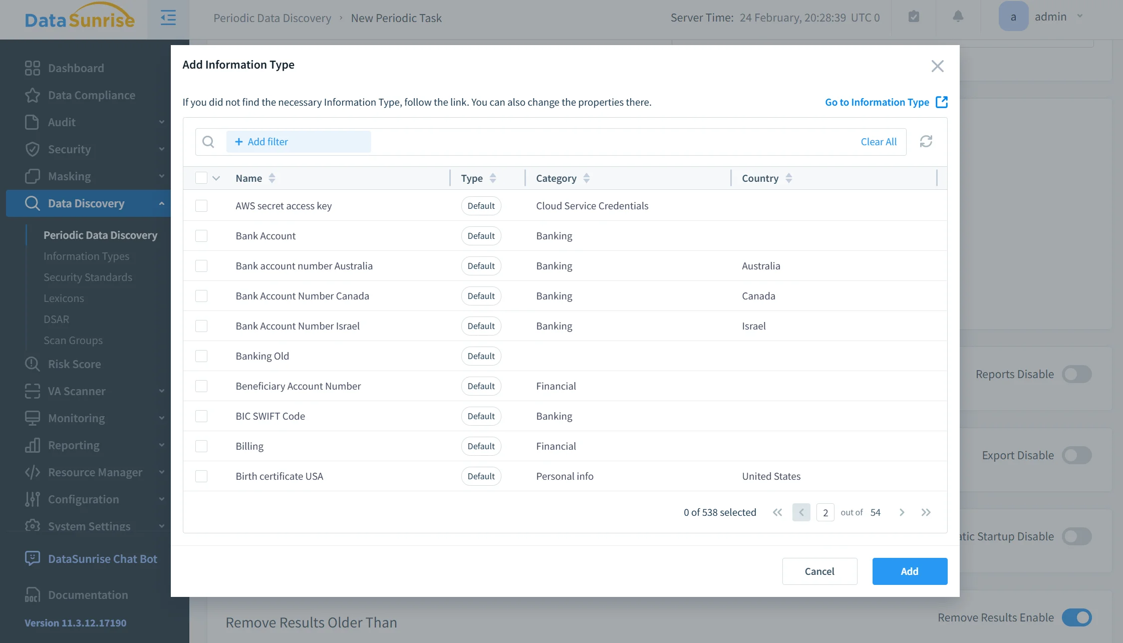 Untitled - UI view of the Periodic Data Discovery page with a left navigation pane listing Dashboard, Data Compliance, Audit, Security, Masking, Data Discovery, and Periodic Data Discovery, and a header showing Server Time along with actions like New Periodic Task and Add Information Type.