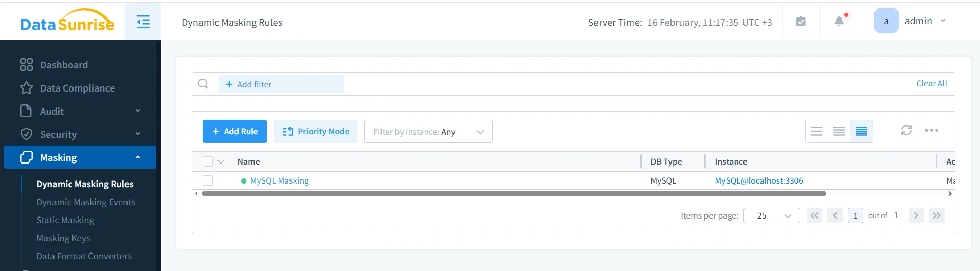 Untitled - DataSunrise Dynamic Masking Rules editor with left navigation (Dashboard, Data Compliance, Audit, Security, Masking), server time display, and an Add Rule form showing fields Name and Prio