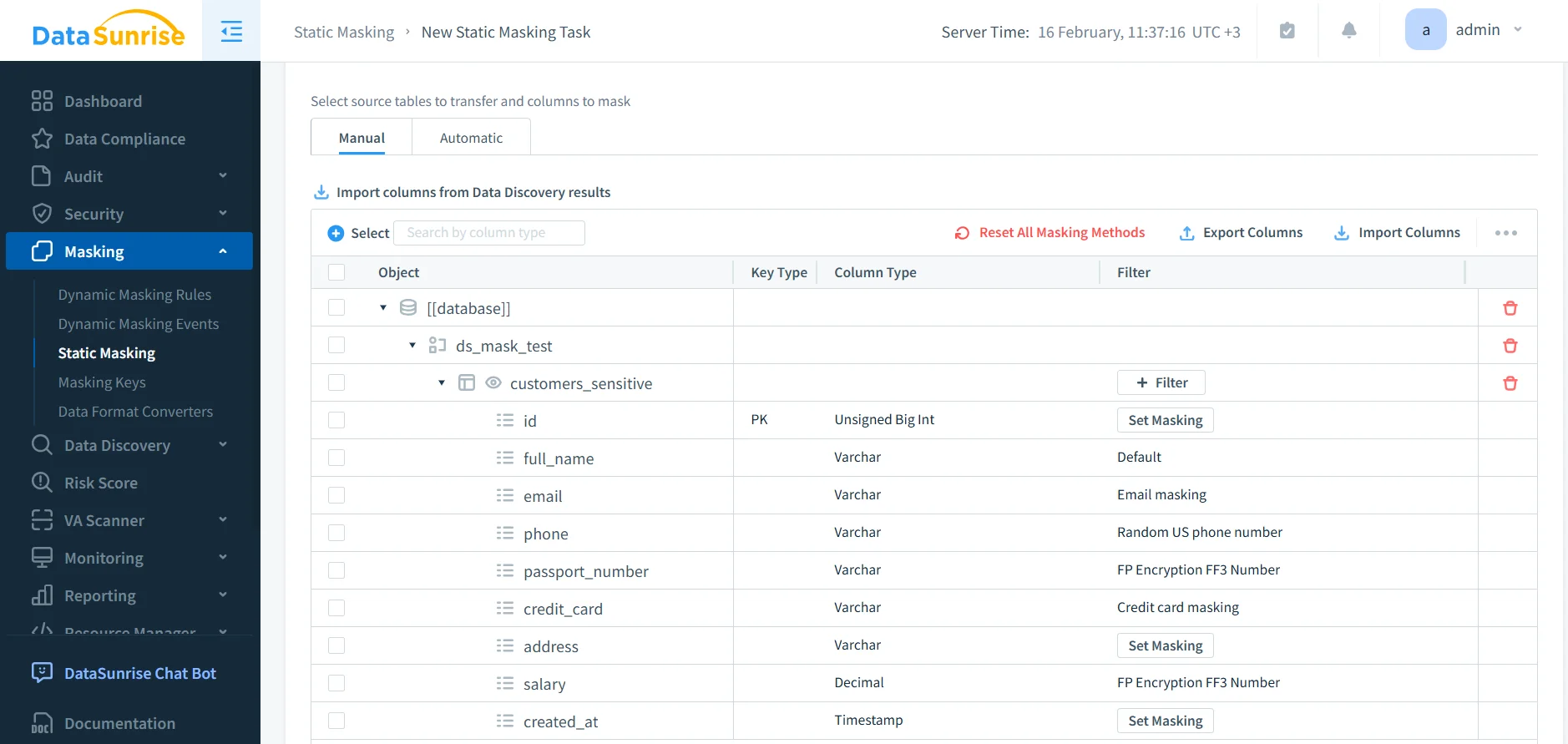 DataSunrise UI showing masking methods selected for columns in a static masking task.