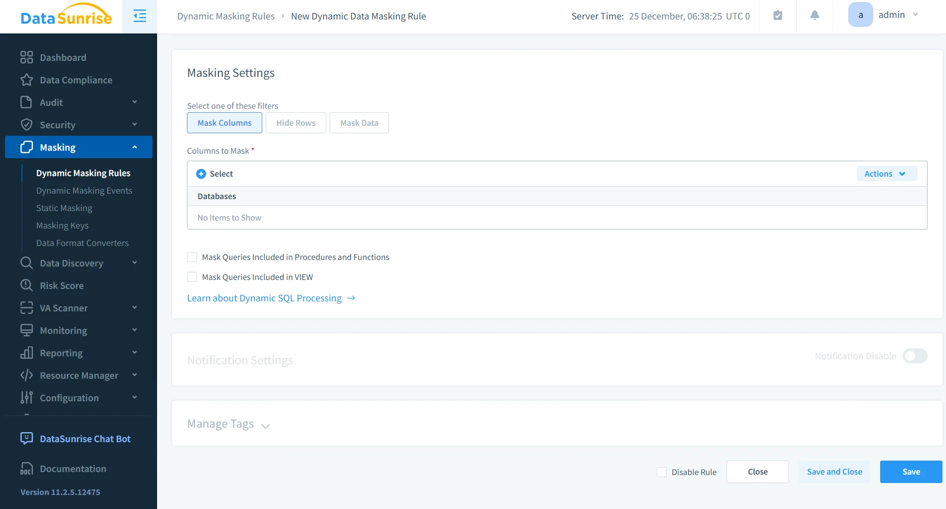 Untitled - Dynamic Masking Rules UI with a left sidebar navigation and a New Dynamic Data Masking Rule option, showing server time