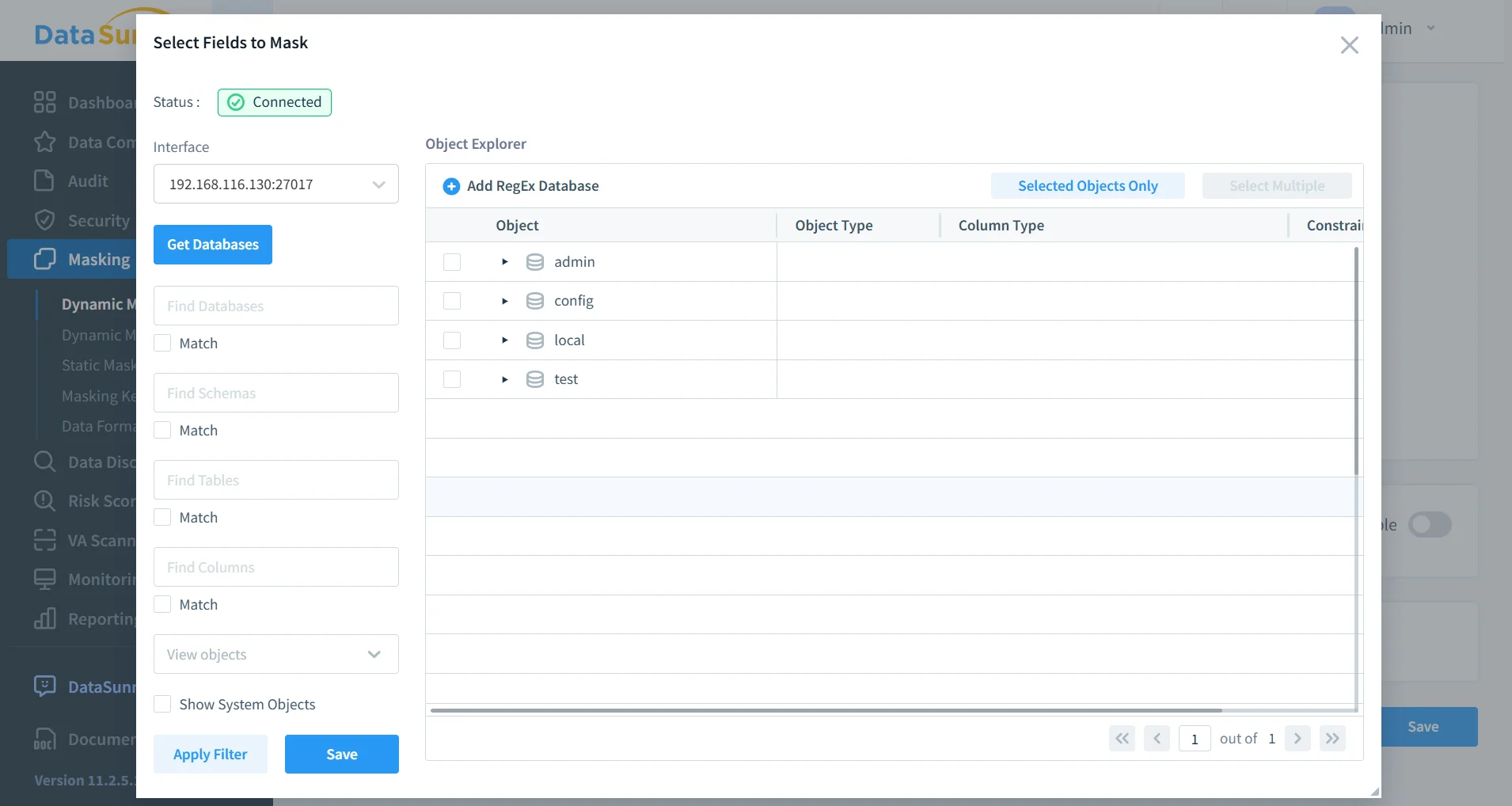 Untitled - DataSunrise UI dashboard with Masking (Dynamic/Static), Security, Monitoring, Reporting, and Data Documents modules; version 11.2.5; status shows Interface and Connected to 192.168.116.130:27017 with actions Get Databases and Find Database.