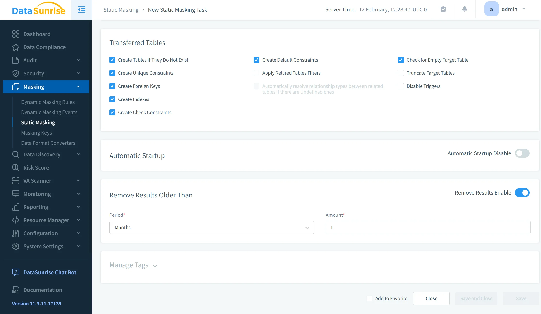 Untitled - DataSunrise UI: 'New Static Masking Task' screen with server time and left navigation listing Dashboard, Data Compliance, Audit, Security, Masking, Dynamic Masking Rules, Dynamic Masking Events, Static Masking, Masking Keys, Data Format Converters, Transferred Tables, and a truncated 'Create Tables if...' control.