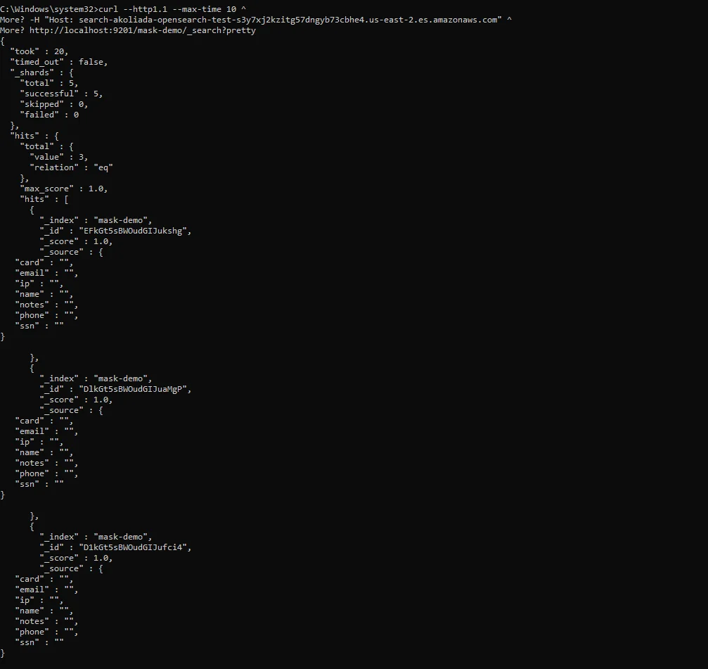 Untitled - Terminal curl command to an OpenSearch endpoint with a Host header and a request to /mask-demo/_search?pretty, printing metadata fields such as took, timed_out, shards, and hits